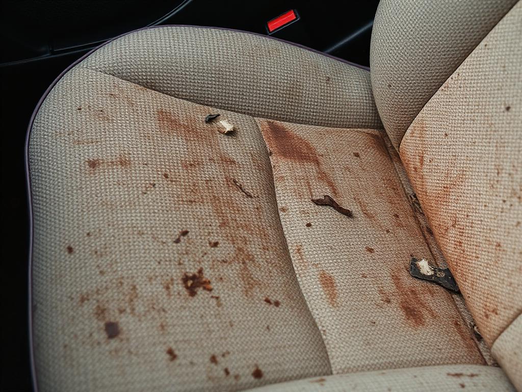 Stained cloth car seat before interior detailing
