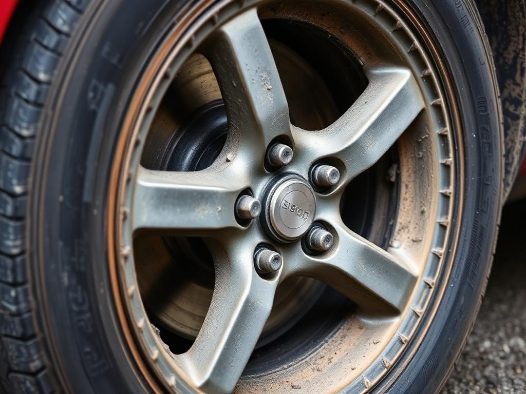 Car wheel covered in brake dust before detailing
