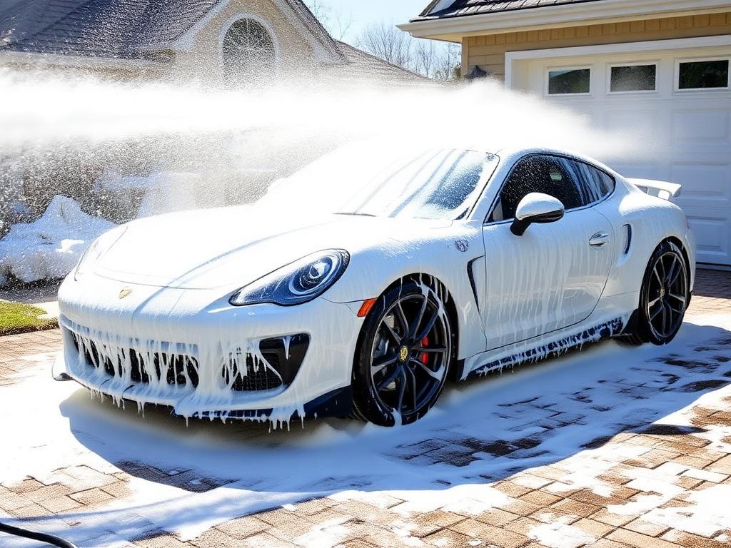 Foam cannon covering a sports car in thick snow foam during a mobile exterior detail