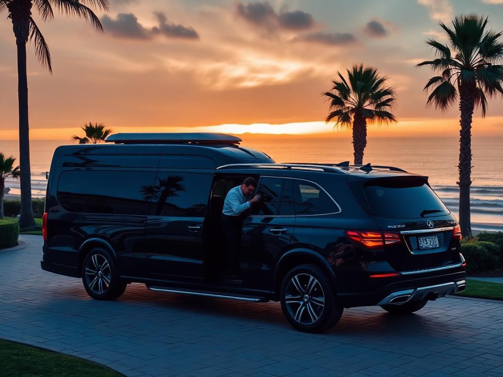 Mobile detailing setup polishing a black SUV on an Orange County coastal driveway at sunset