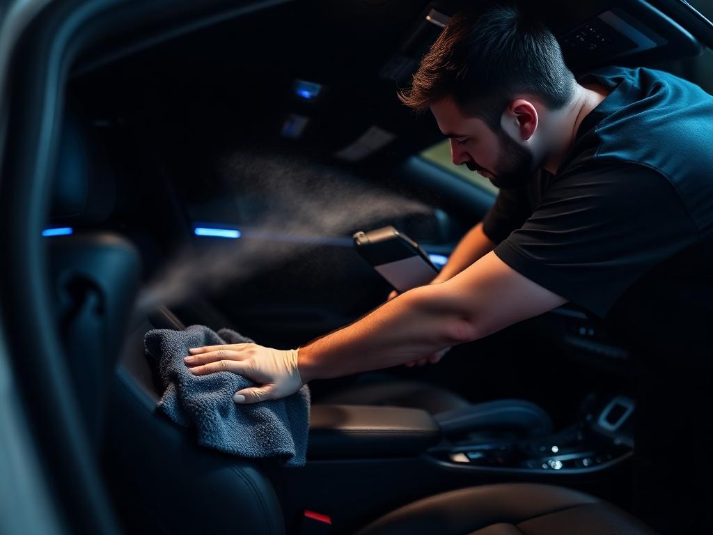 Detailer steam cleaning the interior of a luxury car during a mobile interior detail in Orange County